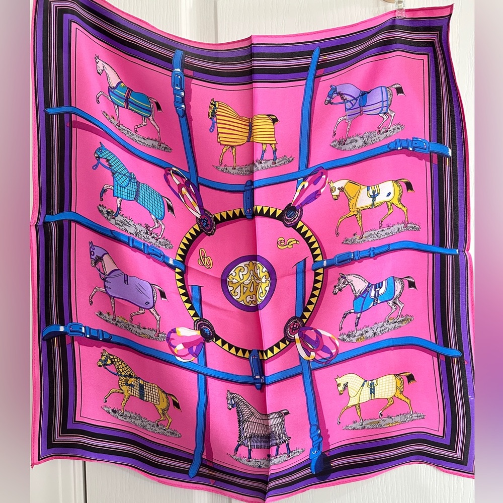 100% silk scarf bandana pink equestrian horses print